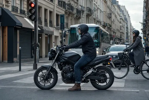 Motorbike stopped at a red light in town, short trip